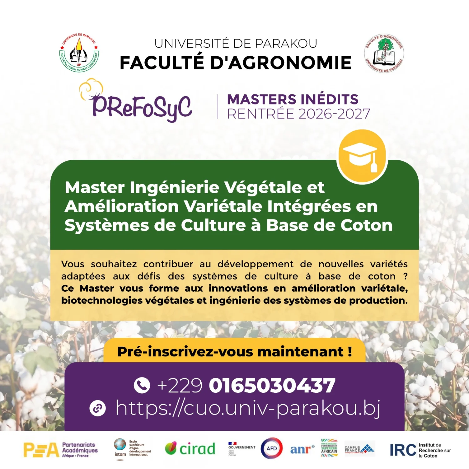 Master Ingénierie Végétale et Amélioration Variétale Intégrées en Systèmes de Culture à Base de Coton : les pré-inscriptions sont ouvertes