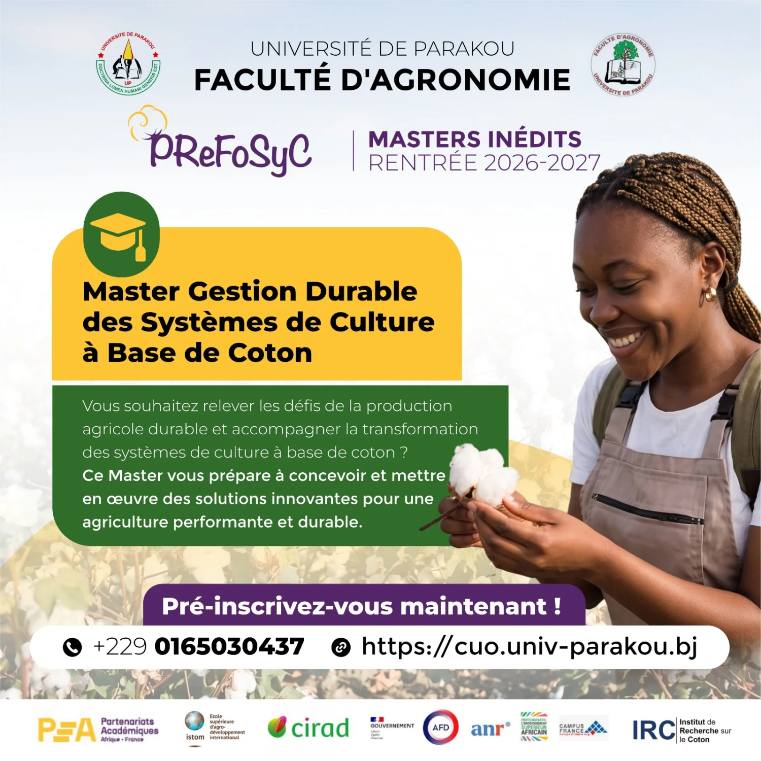 Master Gestion Durable des Systèmes de Culture à Base de Coton : les pré-inscriptions sont ouvertes